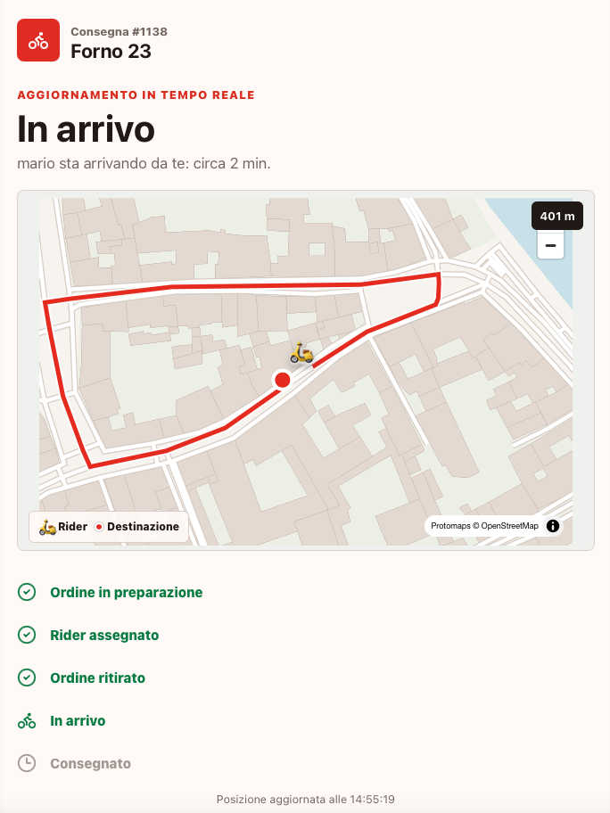 Tracking della consegna Pizzable visto dal cliente