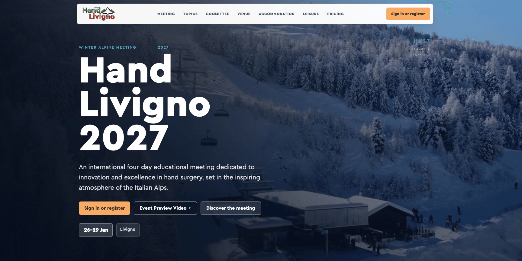 Homepage della piattaforma Hand Livigno 2027