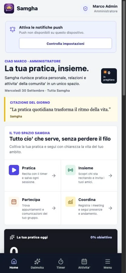 Home personalizzata dell'app Samgha