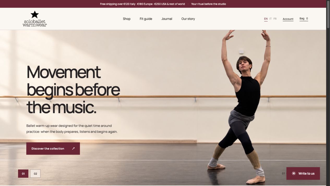 Homepage reale di SoloBalletWarmWear con il racconto del brand e la fotografia di danza