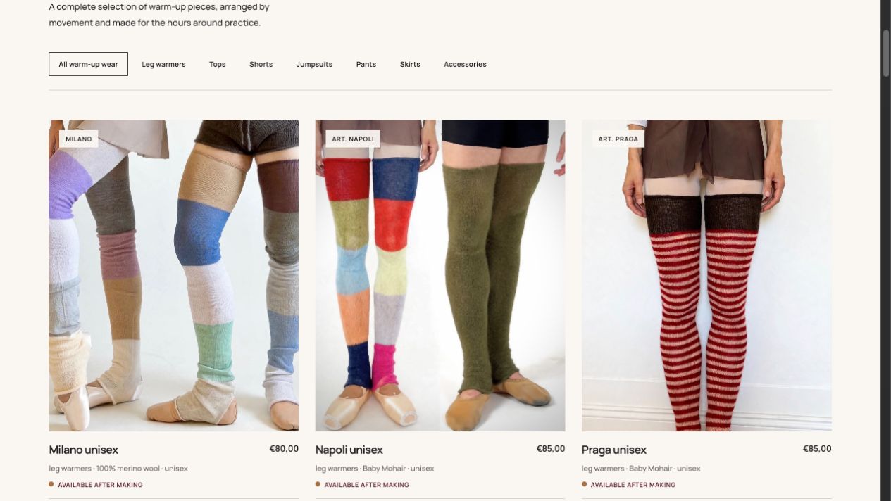 Catalogo SoloBalletWarmWear con filtri e fotografie degli scaldamuscoli