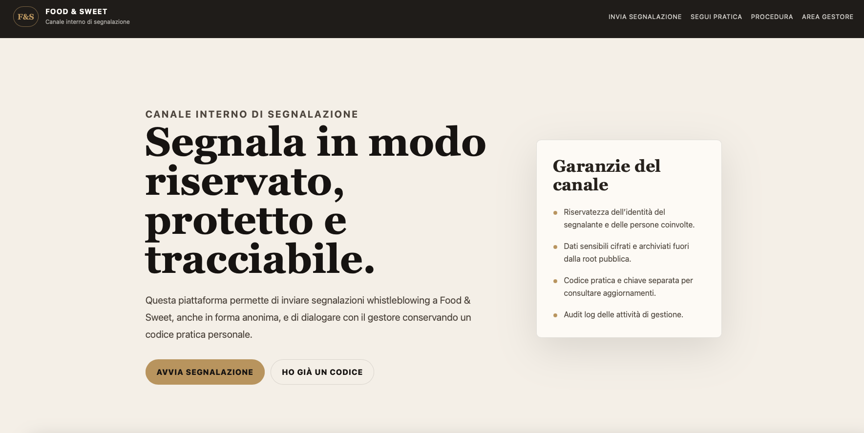 Homepage piattaforma whistleblowing Food and Sweet